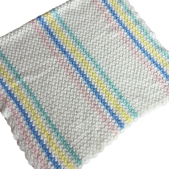 Vintage Handmade Crochet Baby Blanket – Pastel Stripes Rainbow 48x30 - Picture 2 of 5